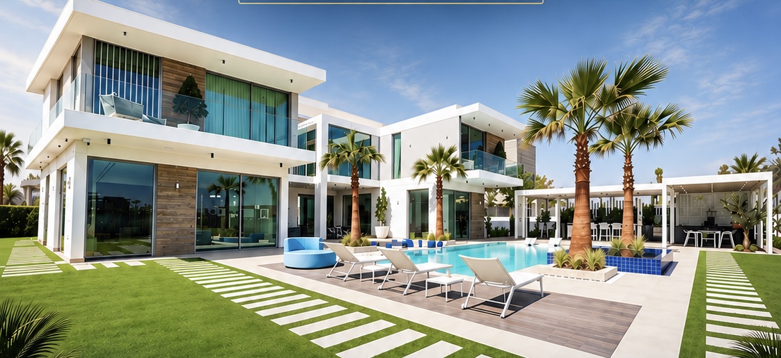 Contemporary villa with a pool and palm-lined garden